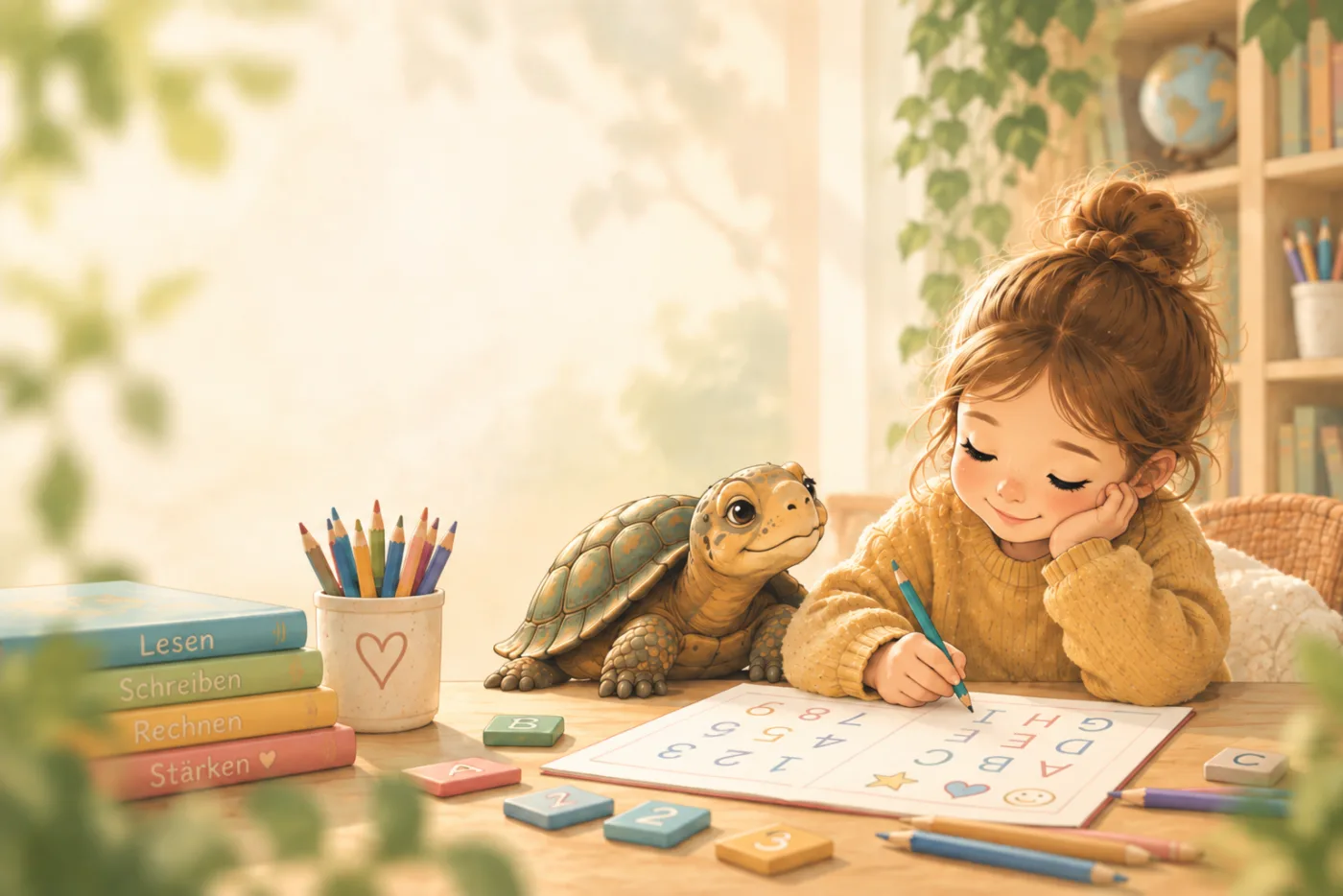 Illustration: Ein Mädchen schreibt lächelnd an einem Tisch, neben ihr eine Schildkröte, davor Bücher mit den Titeln Lesen, Schreiben, Rechnen und Stärken